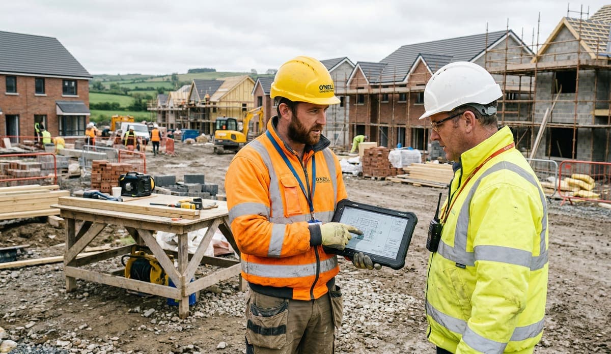 Builders reviewing plans on a construction site