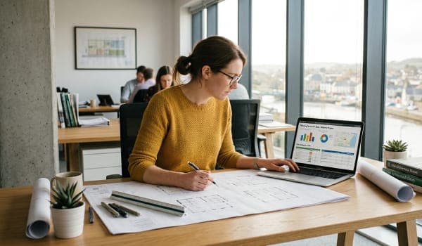 Architect reviewing floor plans at a desk